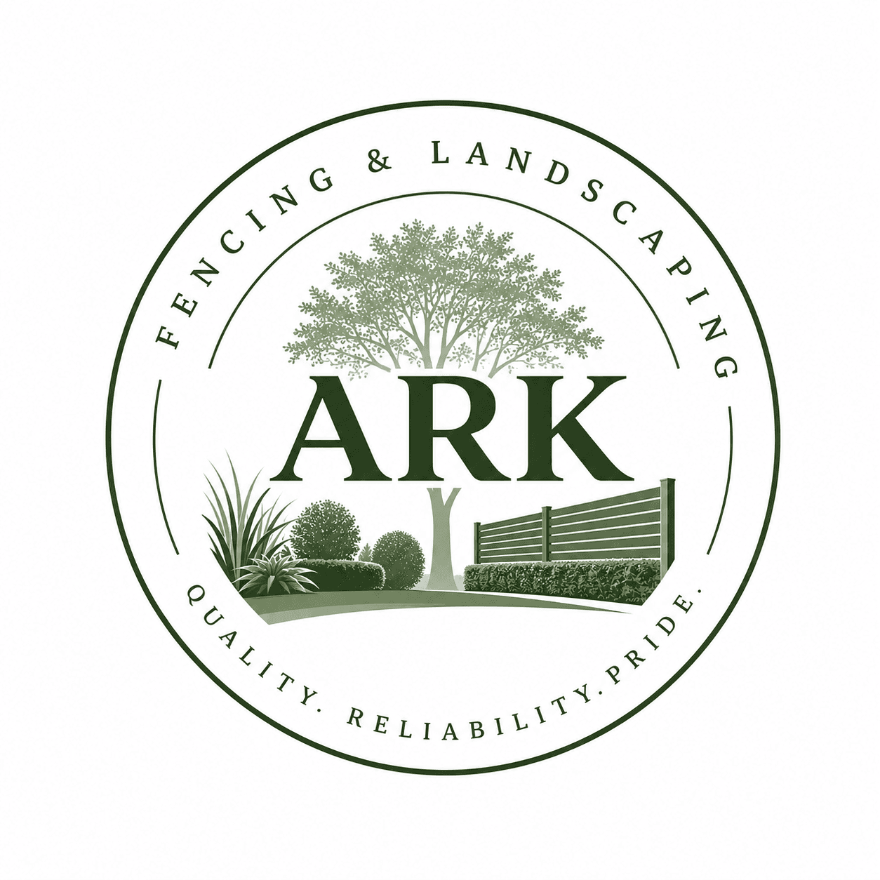 Circular green logo for ARK Fencing & Landscaping featuring a tree, fence, and garden plants.